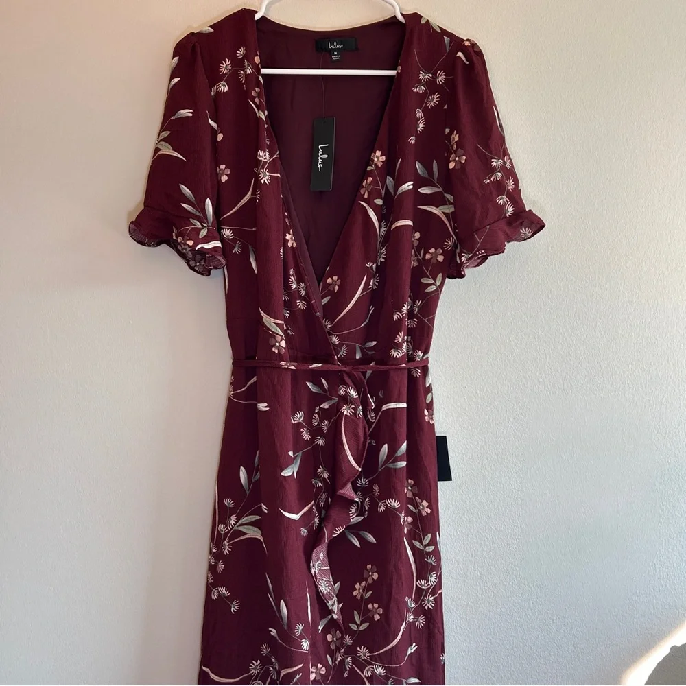 NWT Lulus Wild Winds Burgundy Floral Print High-Low Wrap Dress Size Medium - Picture 3 of 8